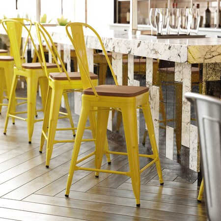 Flash Furniture 24" Yellow Metal Counter Stool-Teak Poly Seat CH-31320-24GB-YL-PL2T-GG